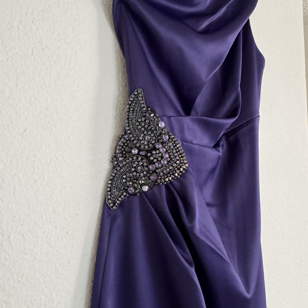 Eliza J Stretch Satin One Shoulder Cocktail Formal Dress Purple Sz 2 Embellish - Picture 10 of 16
